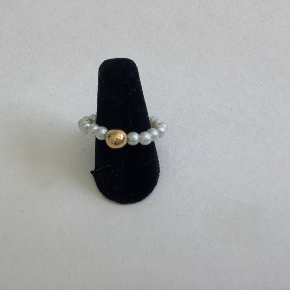 White Pearl Bead Ring with Gold Accent - Women Jewelry